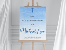 Load image into Gallery viewer, Blue First Holy Communion Welcome Sign Print for a Boy
