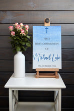 Load image into Gallery viewer, Blue First Holy Communion Welcome Sign Print for a Boy
