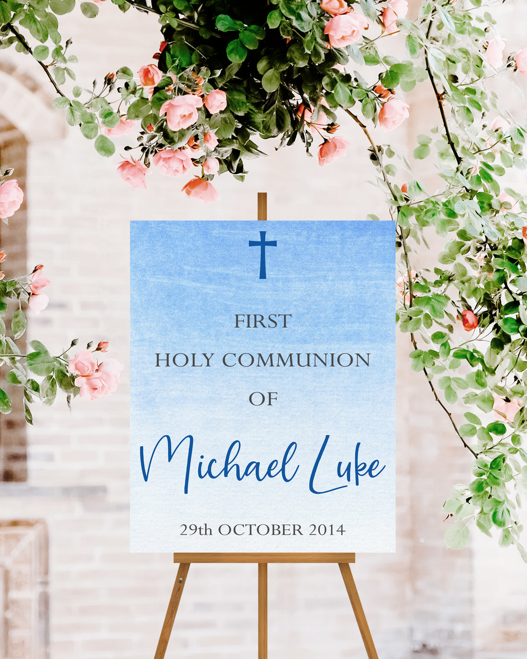 Blue First Holy Communion Welcome Sign Print for a Boy