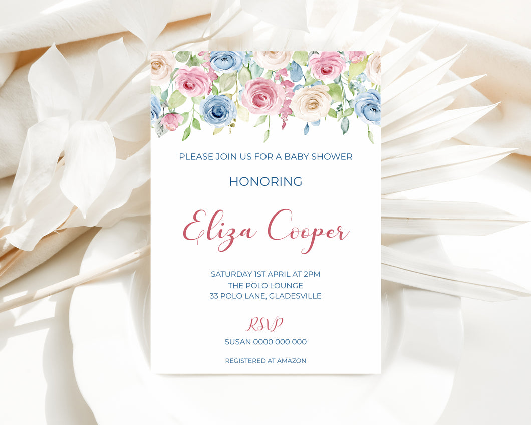 Editable Blue and Pink Florals Baby Shower Invite, Digital Invitation Template, Print at Home