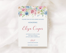 Load image into Gallery viewer, Editable Blue and Pink Florals Baby Shower Invite, Digital Invitation Template, Print at Home

