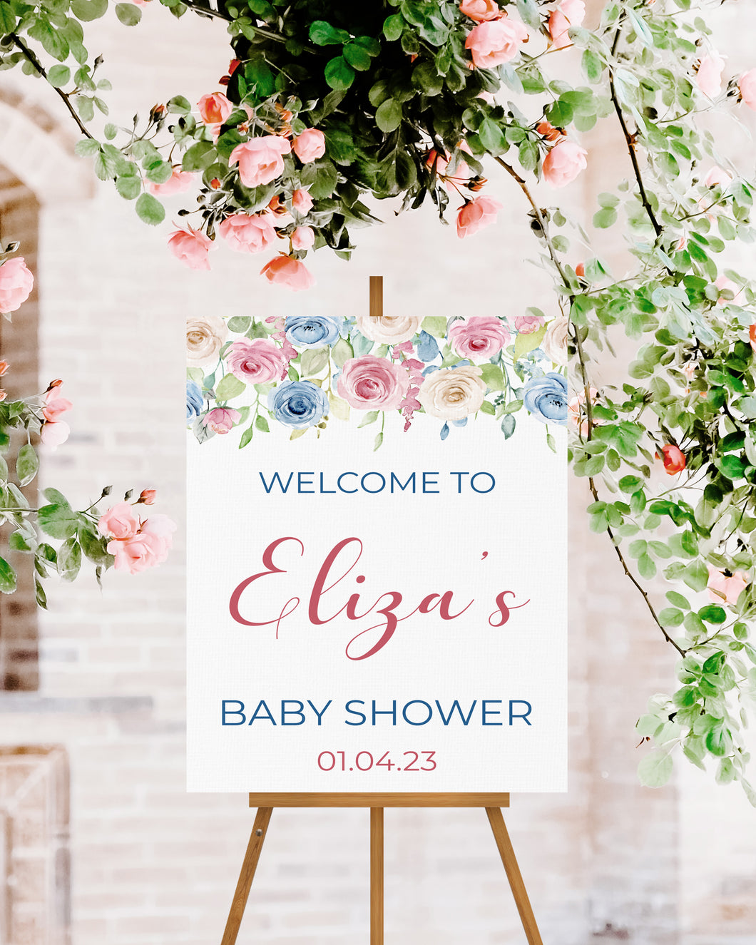 Blue and Pink Floral Baby Shower Welcome Sign Print