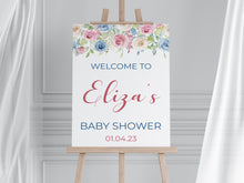 Load image into Gallery viewer, Blue and Pink Floral Baby Shower Welcome Sign Print
