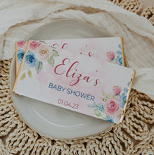 Load image into Gallery viewer, Blue and Pink Florals Baby Shower Chocolate Bar Wrapper Sticker
