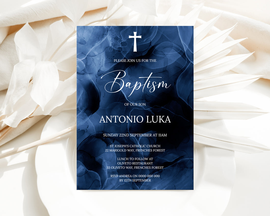 Editable Dark Blue Watercolour Baptism Invite, Digital Invitation Template, Print at Home