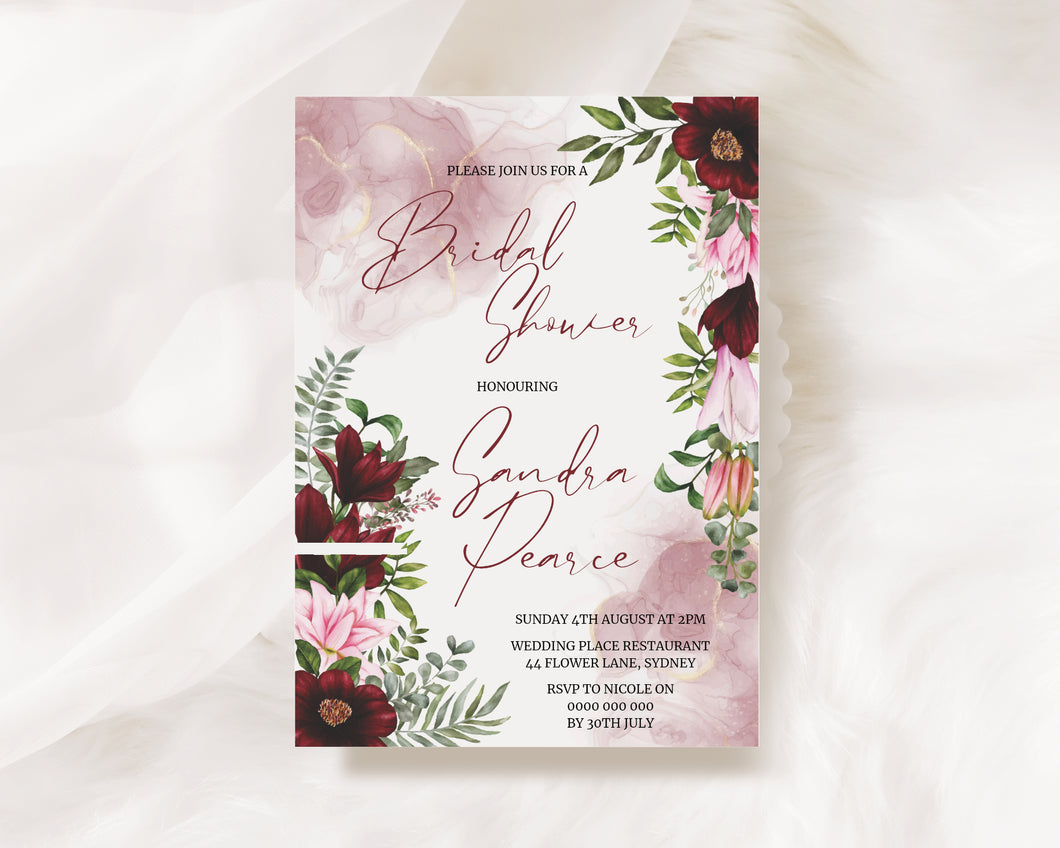 Editable Maroon Bridal Shower Invite, Digital Invitation Template, Print at Home