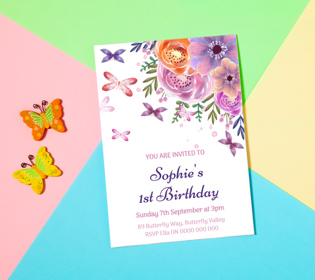 Editable Purple Butterflies Birthday Invite, Digital Invitation Template, Print at Home