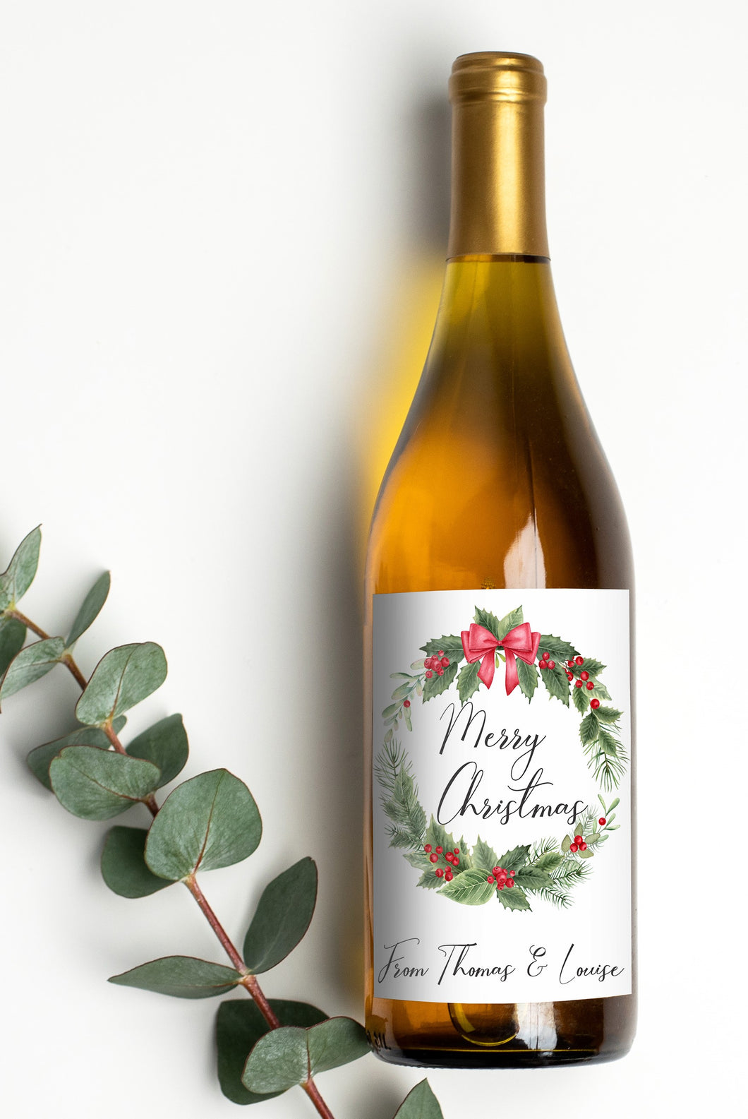 Christmas Wine Labels - Merry Christmas Wreath