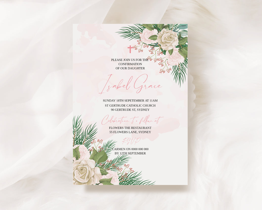 Editable White Flowers Confirmation Invite, Digital Invitation Template, Print at Home