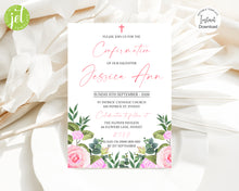 Load image into Gallery viewer, Editable Pink Flowers Confirmation Invite, Digital Invitation Template, Print at Home
