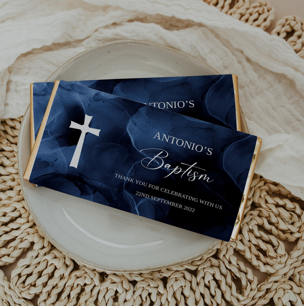 Personalised Blue Watercolour Baptism Chocolate Bar Wrapper Sticker