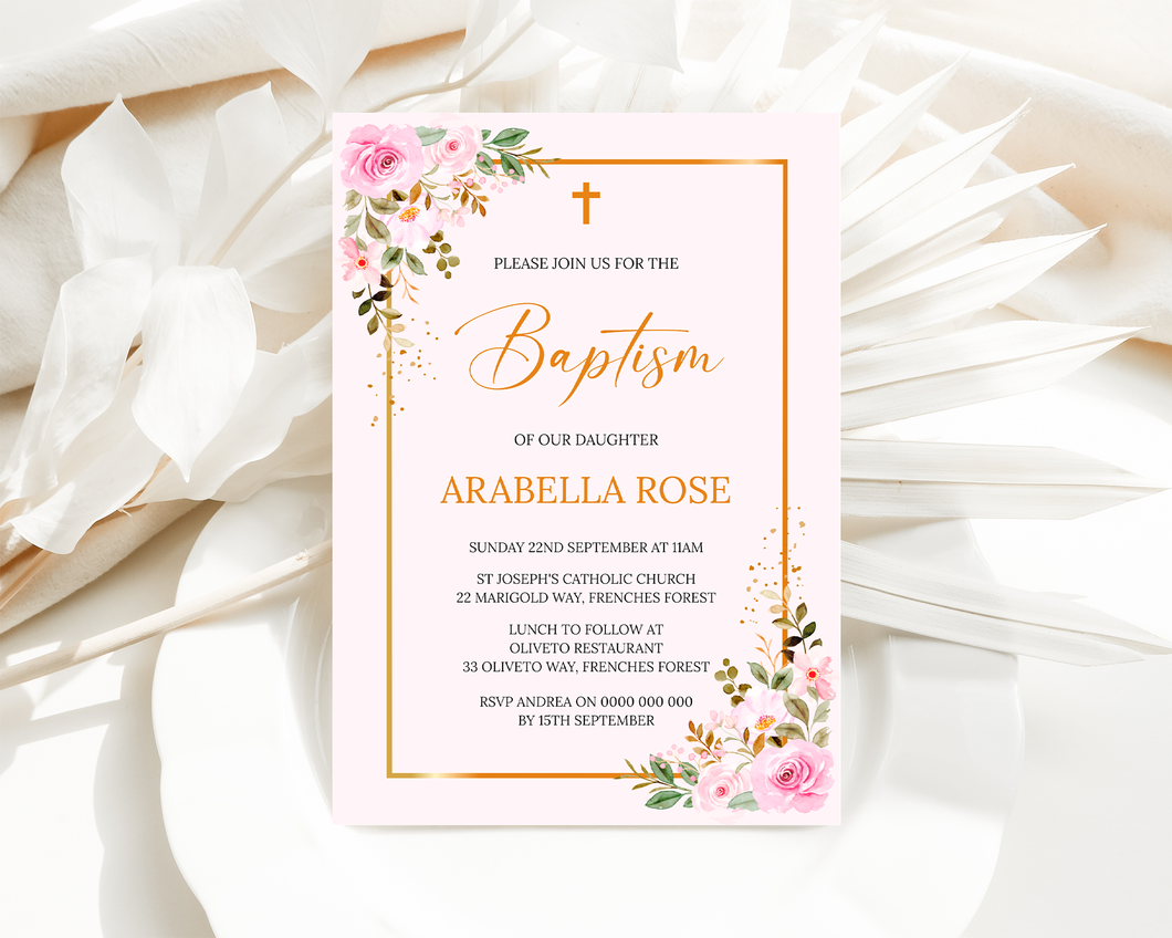 Girls Pink Floral Baptism Invite, Digital Invitation Template, Edit at Home