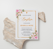 Load image into Gallery viewer, Girls Pink Floral Baptism Invite, Digital Invitation Template, Edit at Home
