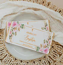 Load image into Gallery viewer, Personalised Pink Florals Baptism Chocolate Bar Wrapper Sticker

