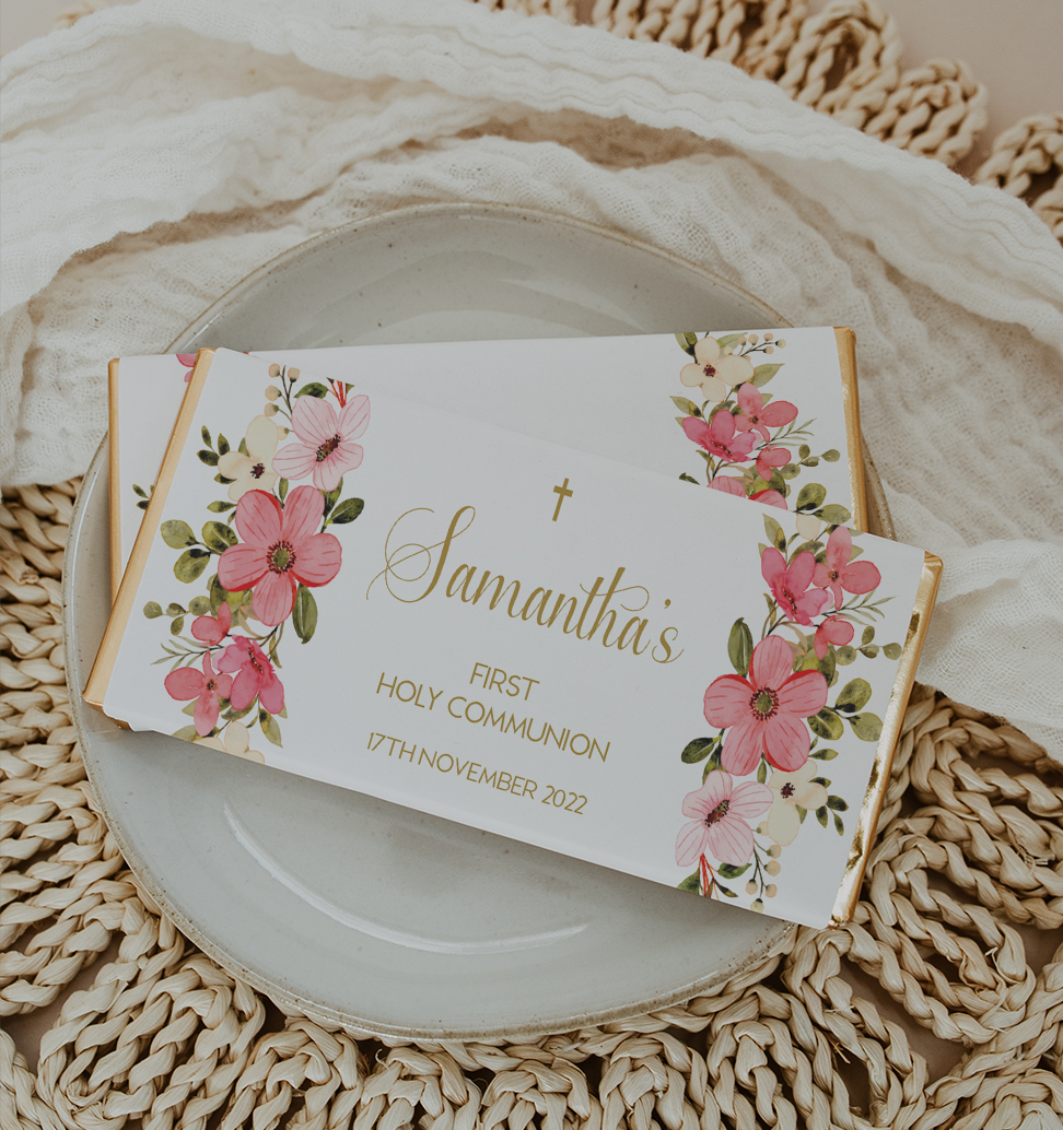 Pink Florals Holy Communion Chocolate Bar