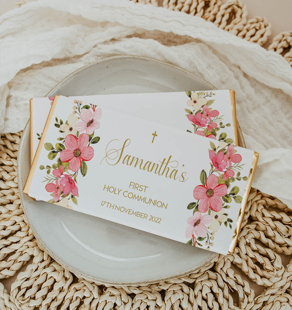 Personalised Pink Florals Holy Communion Chocolate Bar Wrapper Sticker