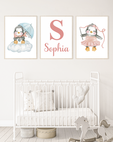 Girls Penguin Nursery Prints Set of 3-Nursery Prints-AnaJosie Designs