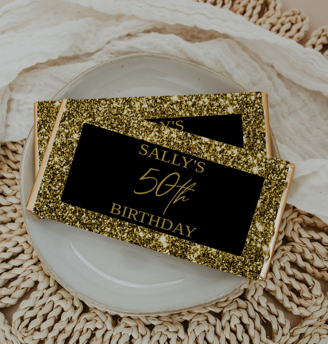 Personalised Black and Gold Glitter Chocolate Bar Wrapper Sticker