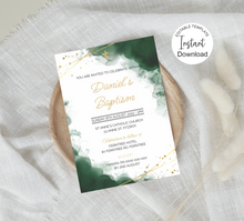 Load image into Gallery viewer, Editable Green and Gold Baptism Invite, Digital Invitation Template, Edit at Home

