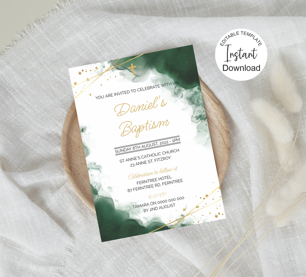 Editable Green and Gold Baptism Invite, Digital Invitation Template, Edit at Home