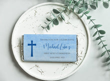 Load image into Gallery viewer, Personalised Blue Holy Communion Chocolate Bar Wrapper Sticker
