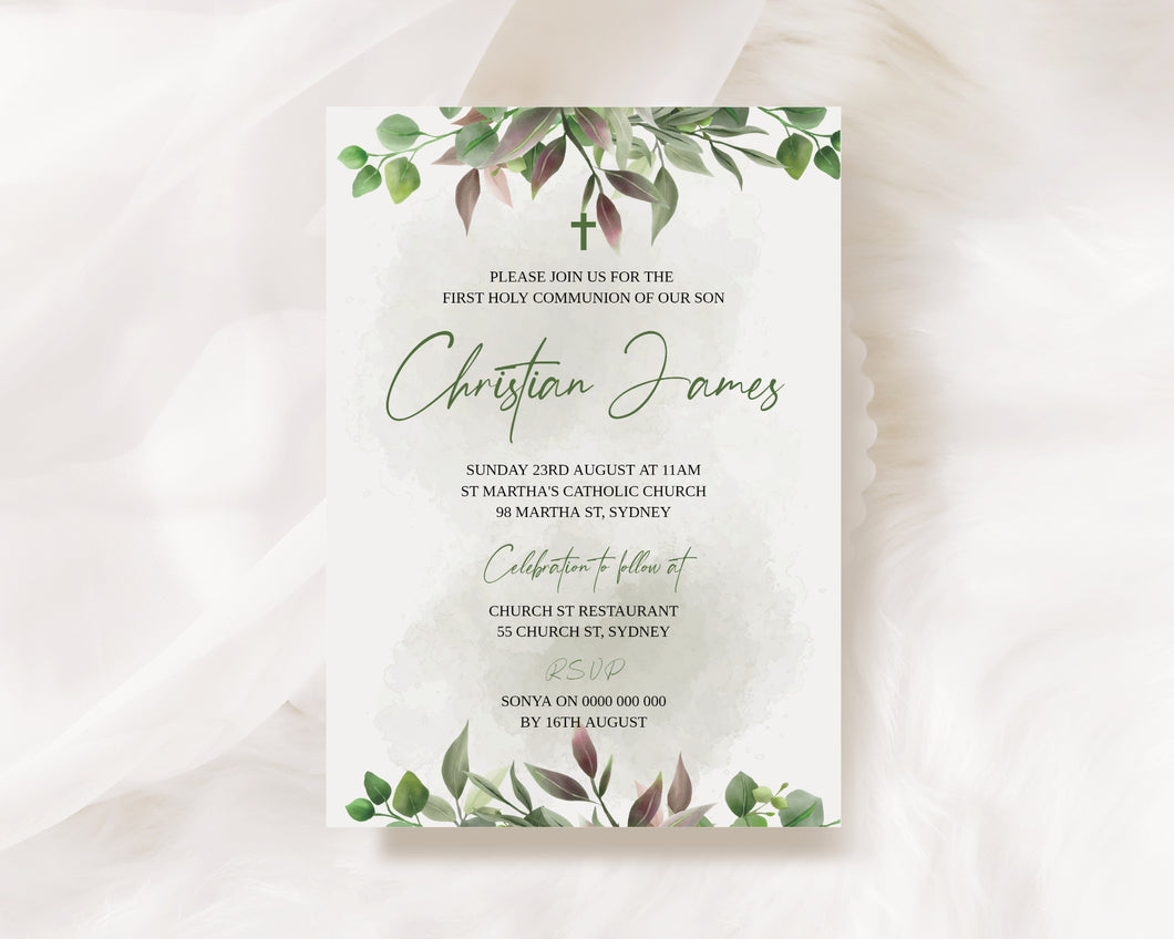 Editable Green Leaves Holy Communion Invite, Digital Invitation Template, Print at Home