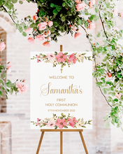 Load image into Gallery viewer, Pink Floral First Holy Communion Welcome Sign Print
