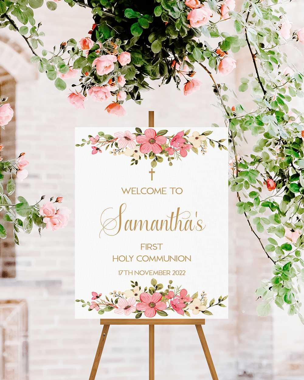 Pink Floral First Holy Communion Welcome Sign Print