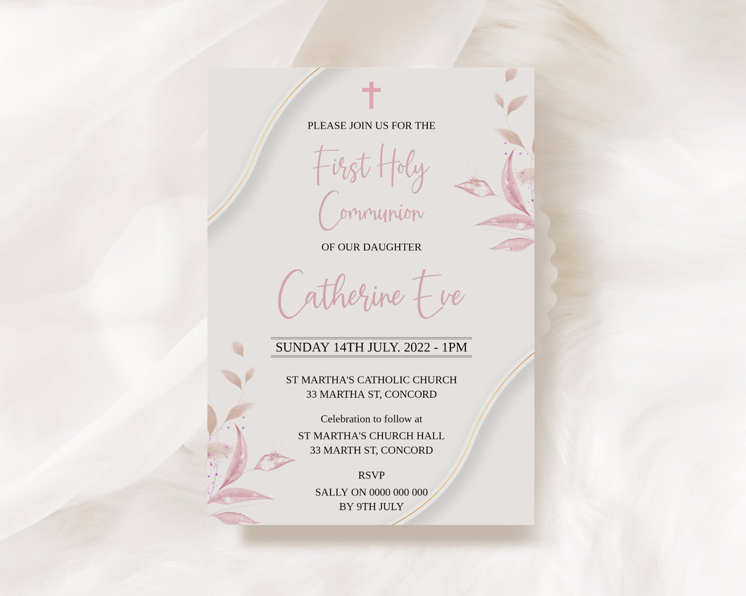 Editable Beige and Pink Holy Communion Invite, Digital Invitation Template, Edit at Home