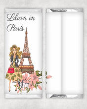 Load image into Gallery viewer, Personalised Paris Girl Chocolate Bar Wrapper Sticker
