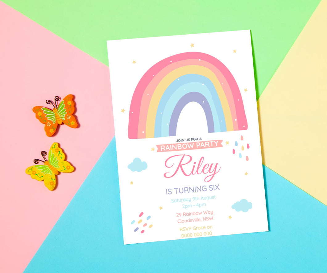 Editable Rainbow Birthday Invite, Digital Invitation Template, Print at Home