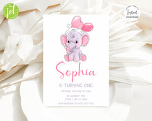 Load image into Gallery viewer, Pink Elephant Birthday Invite, Digital Invitation Template, Print at Home
