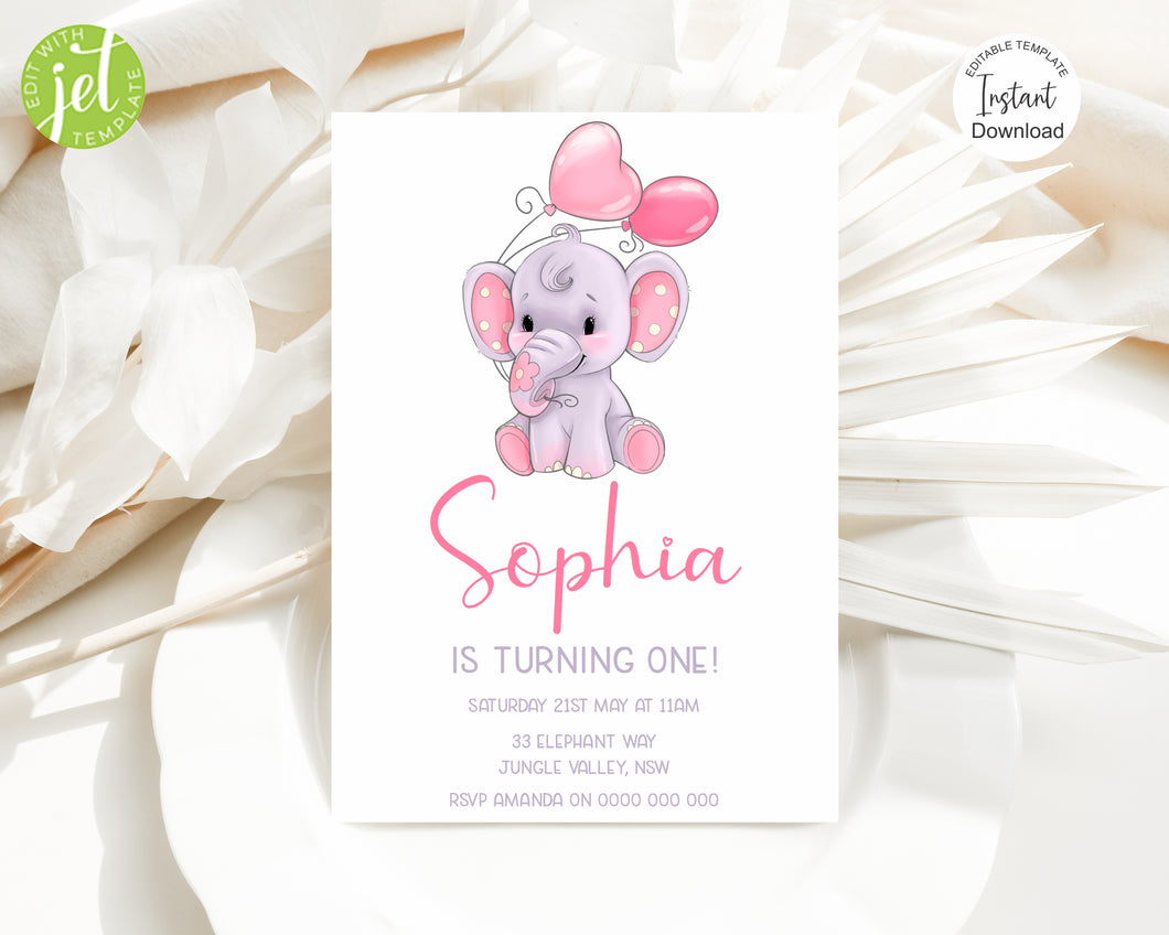 Pink Elephant Birthday Invite, Digital Invitation Template, Print at Home