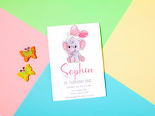 Load image into Gallery viewer, Pink Elephant Birthday Invite, Digital Invitation Template, Print at Home
