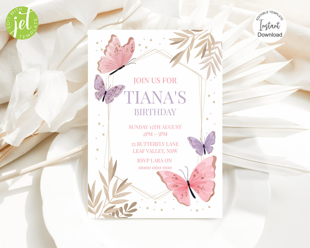 Editable Butterfly Birthday Invite, Digital Invitation Template, Print at Home