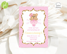Load image into Gallery viewer, Editable Pink Bear Birthday Invite, Digital Invitation Template, Print at Home
