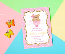 Load image into Gallery viewer, Editable Pink Bear Birthday Invite, Digital Invitation Template, Print at Home
