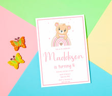 Load image into Gallery viewer, Pink Bear Birthday Invite, Digital Invitation Template, Print at Home
