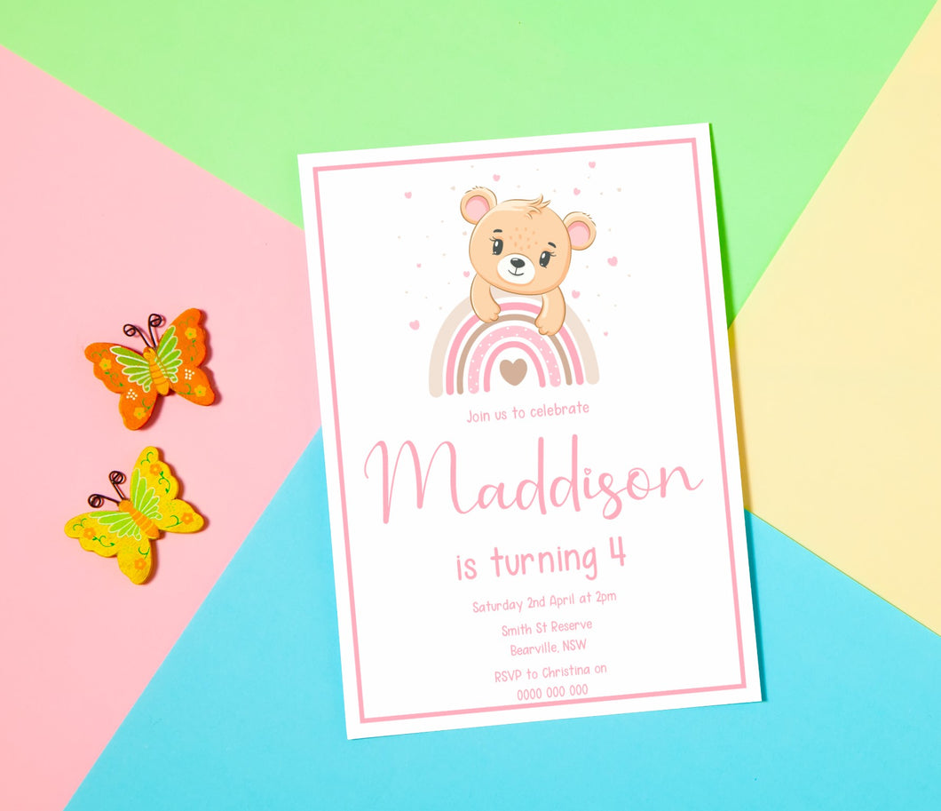 Pink Bear Birthday Invite, Digital Invitation Template, Print at Home