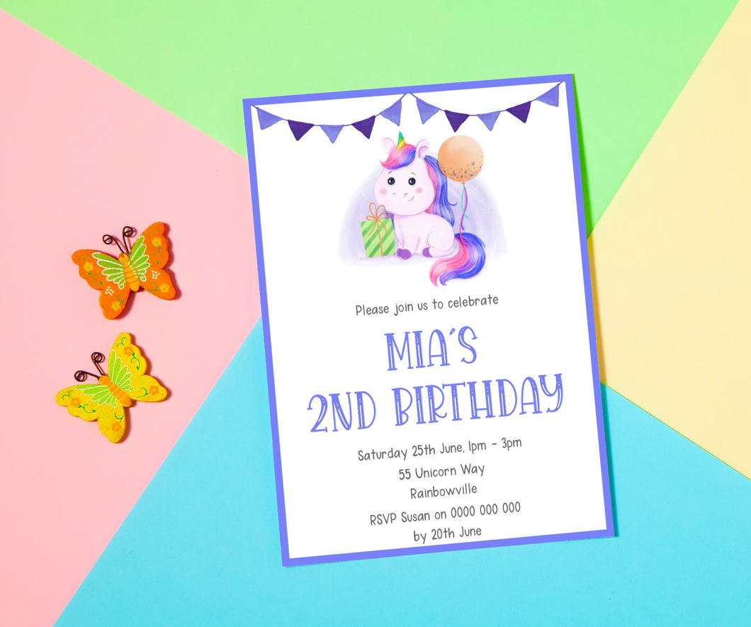 Editable Purple Unicorn Birthday Invite, Digital Invitation Template, Print at Home