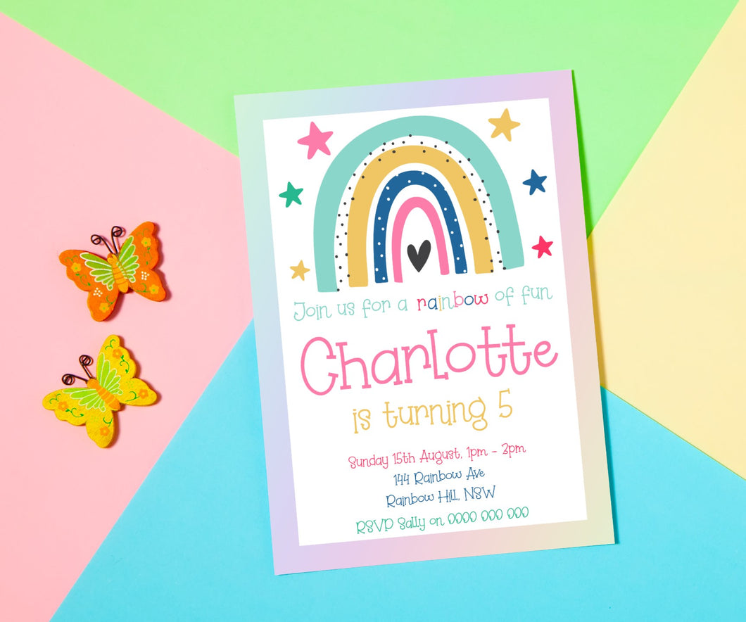 Editable Colourful Rainbow Birthday Invite, Digital Invitation Template, Print at Home