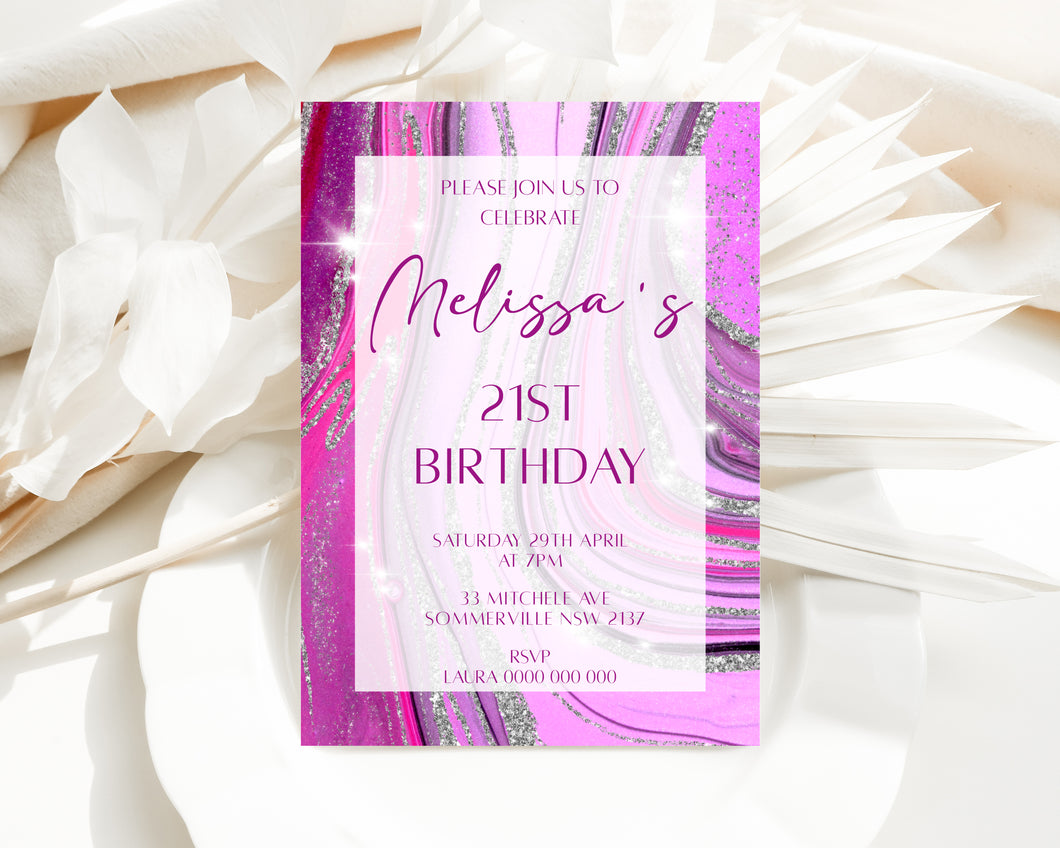 Pink and Purple Birthday Invite, Digital Invitation Template, Print at home