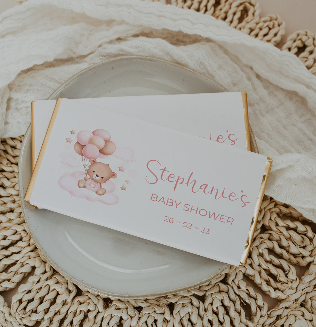 Personalised Pink Bear Baby Shower Chocolate Bar Wrapper Sticker