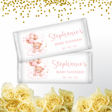 Load image into Gallery viewer, Personalised Pink Bear Baby Shower Chocolate Bar Wrapper Sticker
