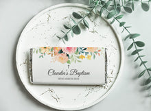 Load image into Gallery viewer, Personalised Pink Florals Baptism Chocolate Bar Wrapper Sticker
