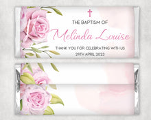 Load image into Gallery viewer, Personalised Pink Roses Baptism Chocolate Bar Wrapper Sticker
