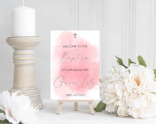 Load image into Gallery viewer, Pink Watercolour Baptism Welcome Sign Print
