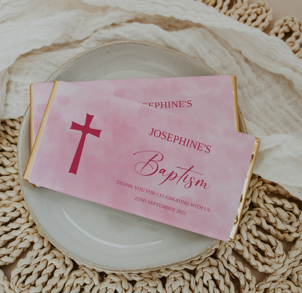 Personalised Pink Watercolour Baptism Chocolate Bar Wrapper Sticker