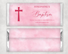 Load image into Gallery viewer, Personalised Pink Watercolour Baptism Chocolate Bar Wrapper Sticker
