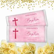 Load image into Gallery viewer, Personalised Pink Watercolour Baptism Chocolate Bar Wrapper Sticker
